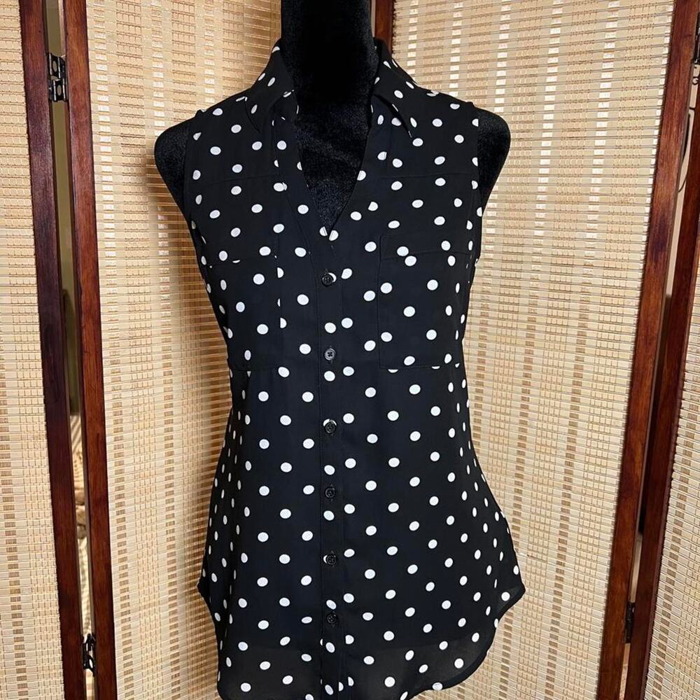 Express The Portofino Shirt Black White Polka Dot Sleeveless Blouse XS